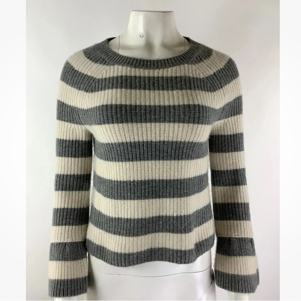 J Crew Sz XS 100% Cashmere Ruffle Sleeve Crew Neck Sweater Cream Gray Pullon